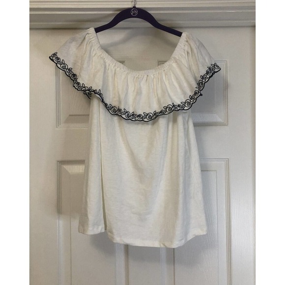 J. Crew Floral Embroidered Off the Shoulder Top Blouse Off White/Blue Size L NWT - Picture 1 of 7